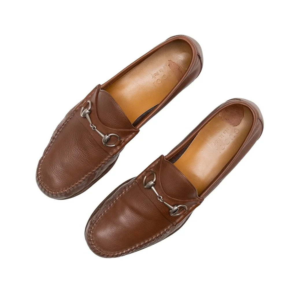Gucci Mens Brown Pebbled Leather Horsebit Loafers Size UK 10 US 11 Made in Italy